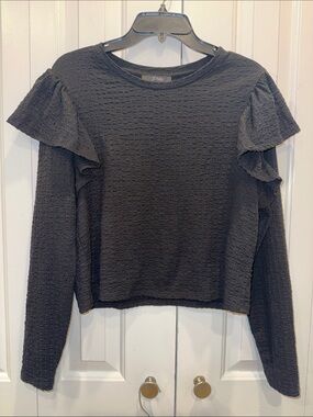 Black Textured Knit Long-Sleeve Top with Ruffle Shoulders